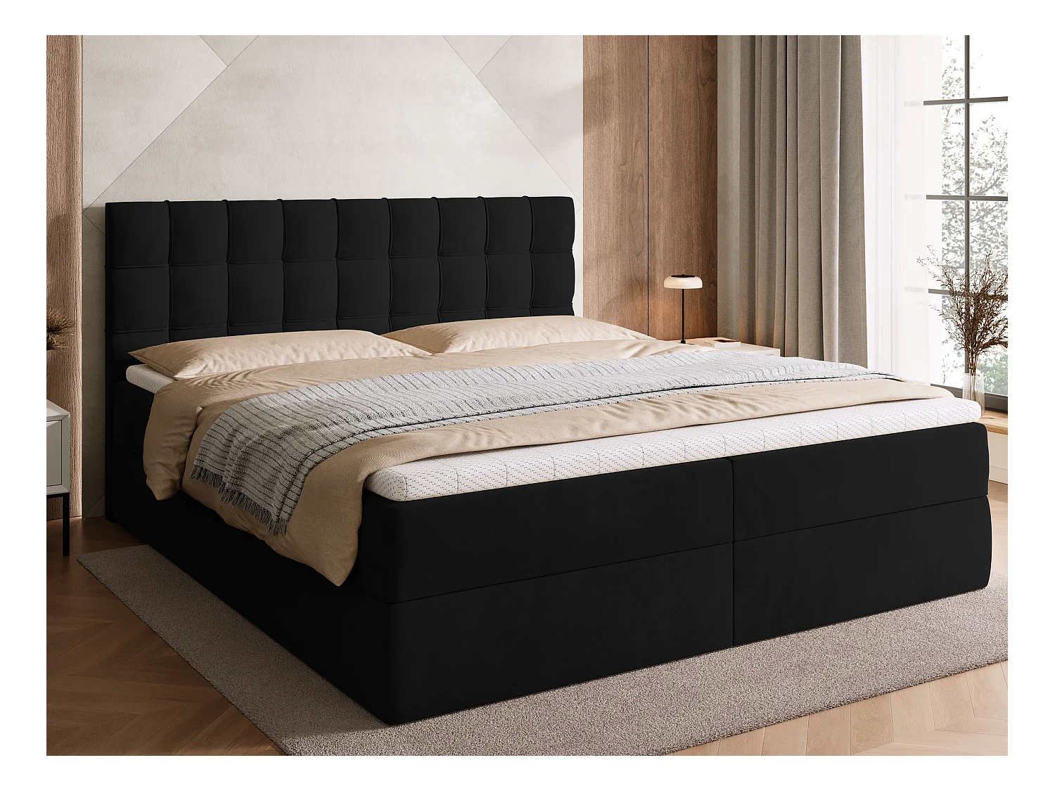 Lit boxspring avec rangement DETROIT - matelas - surmatelas - noir - 180x200 cm