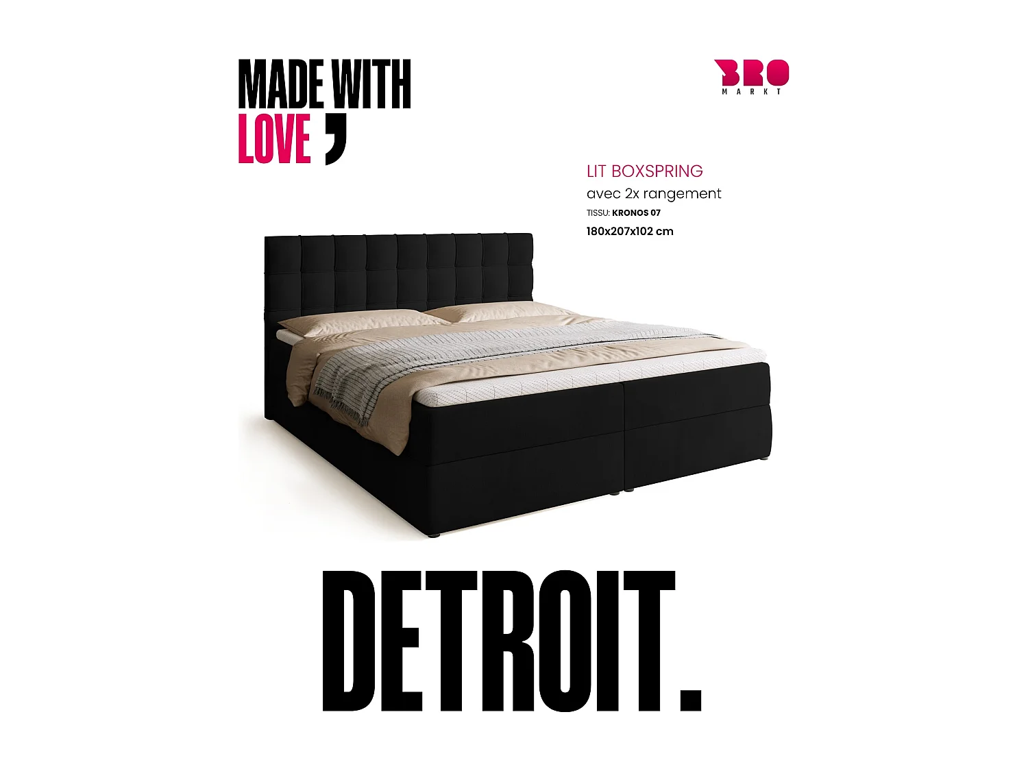 Lit boxspring avec rangement DETROIT - matelas - surmatelas - noir - 180x200 cm