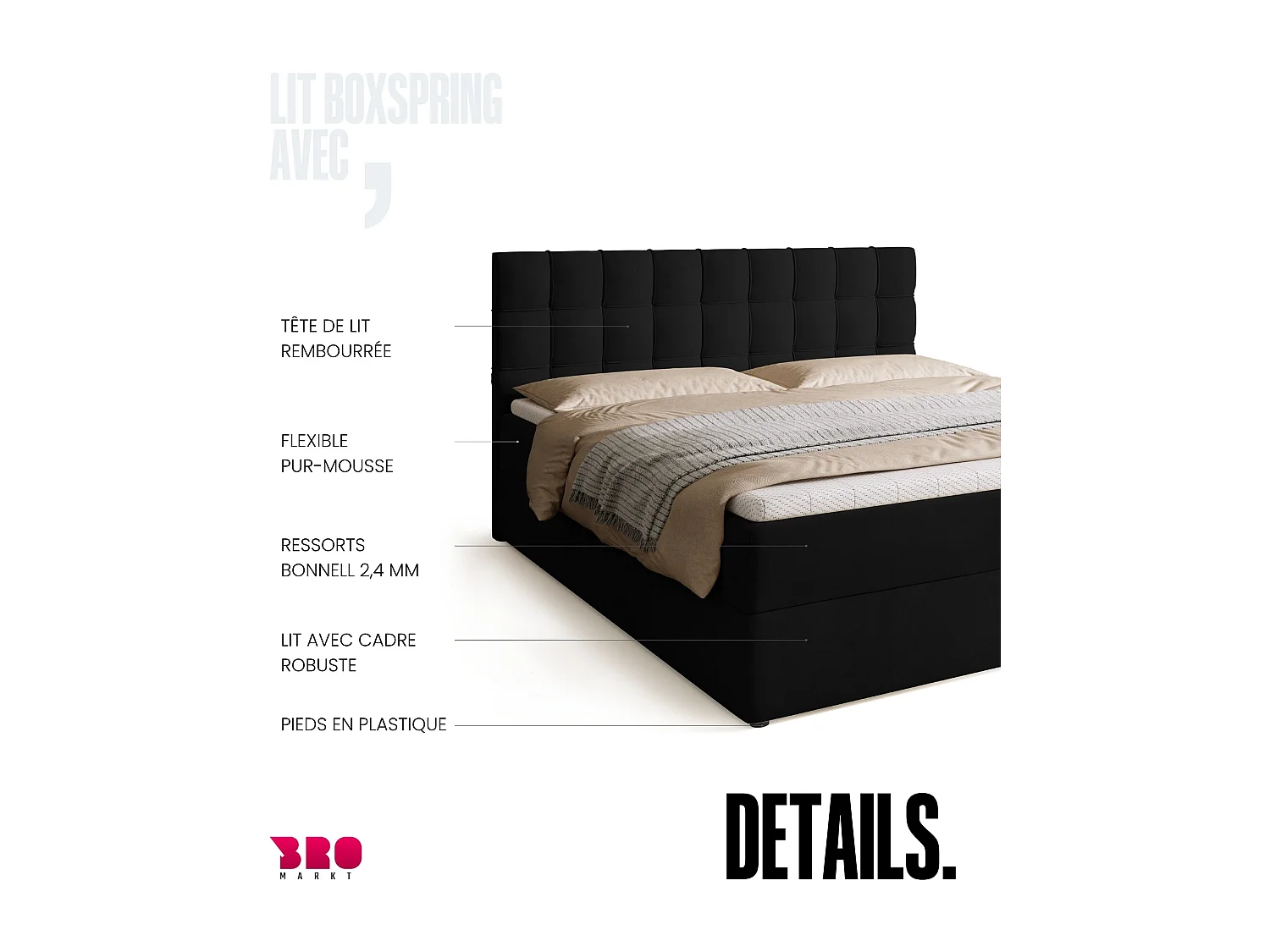 Lit boxspring avec rangement DETROIT - matelas - surmatelas - noir - 180x200 cm