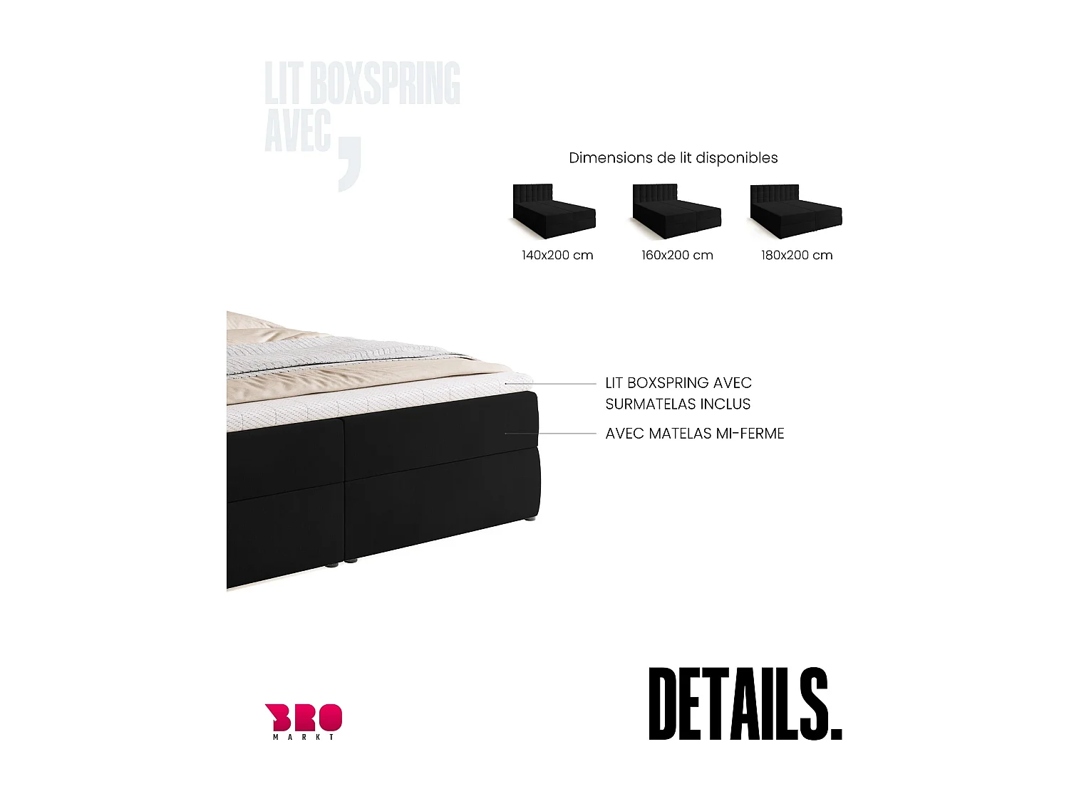 Lit boxspring avec rangement DETROIT - matelas - surmatelas - noir - 180x200 cm
