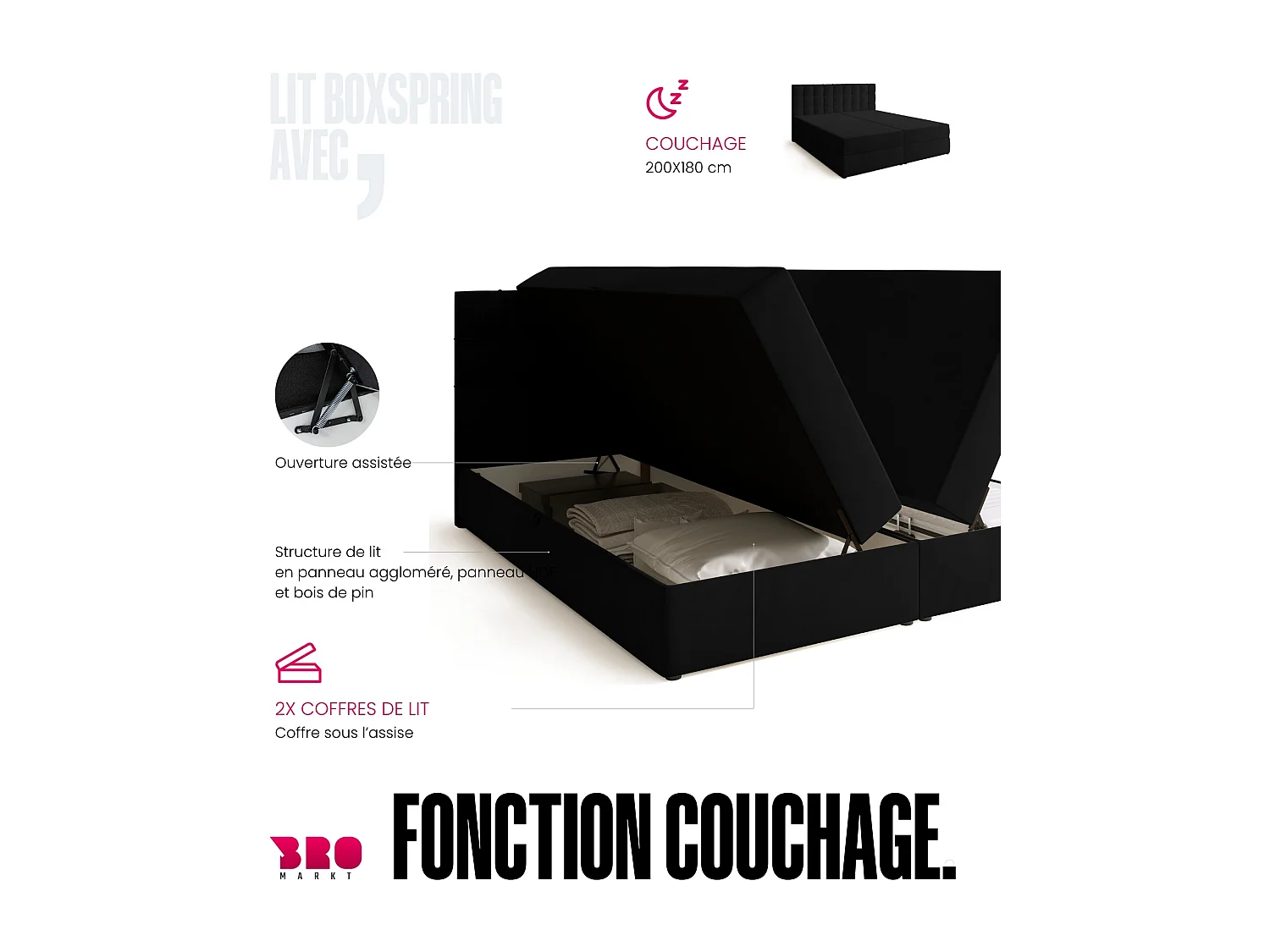 Lit boxspring avec rangement DETROIT - matelas - surmatelas - noir - 180x200 cm