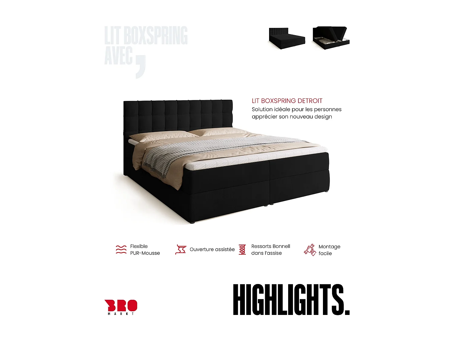 Lit boxspring avec rangement DETROIT - matelas - surmatelas - noir - 180x200 cm