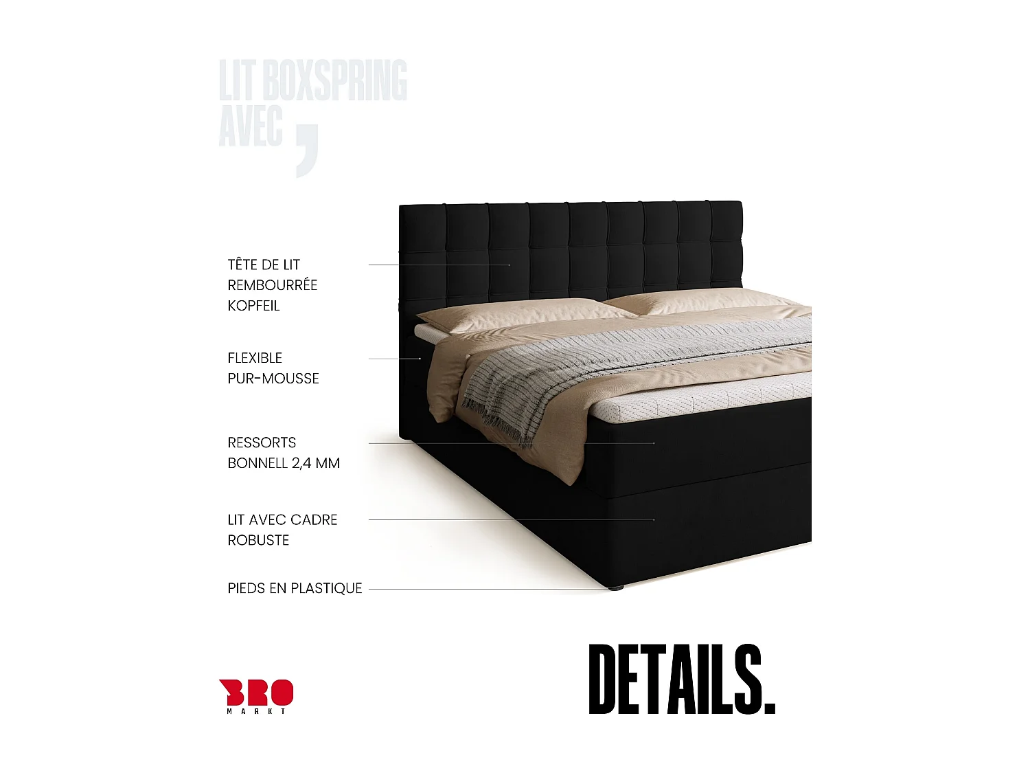 Lit boxspring avec rangement DETROIT - matelas - surmatelas - noir - 180x200 cm