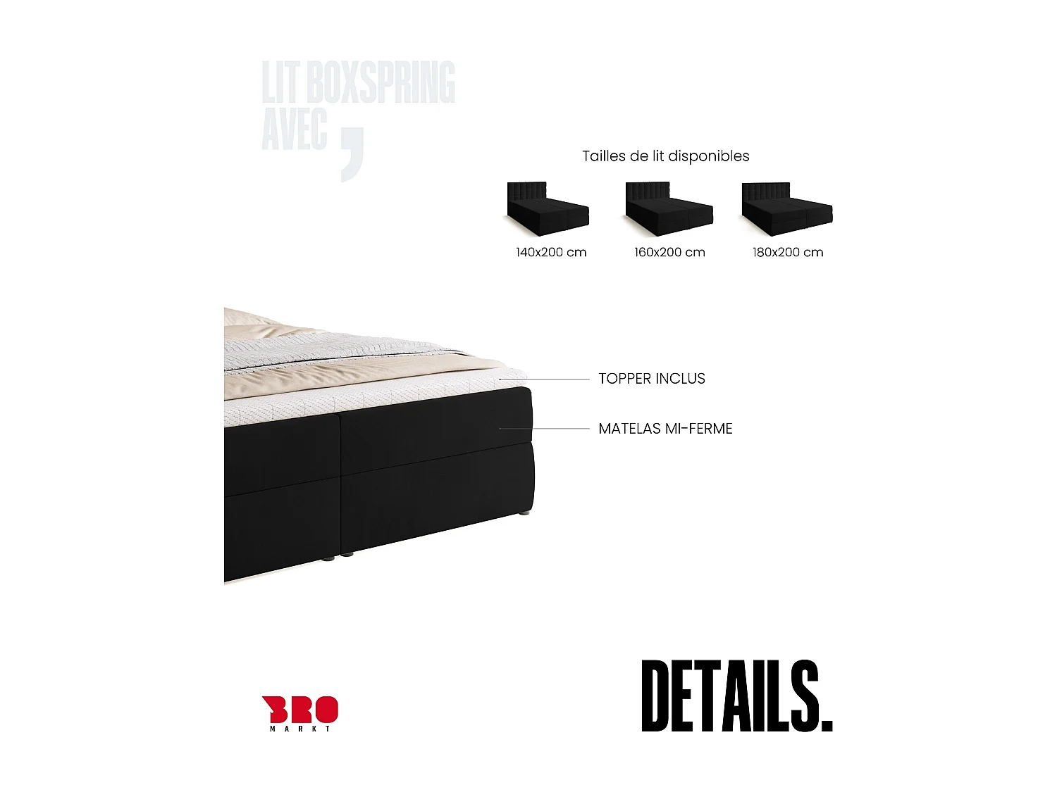Lit boxspring avec rangement DETROIT - matelas - surmatelas - noir - 180x200 cm