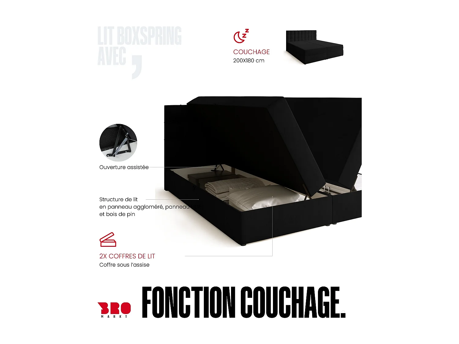 Lit boxspring avec rangement DETROIT - matelas - surmatelas - noir - 180x200 cm