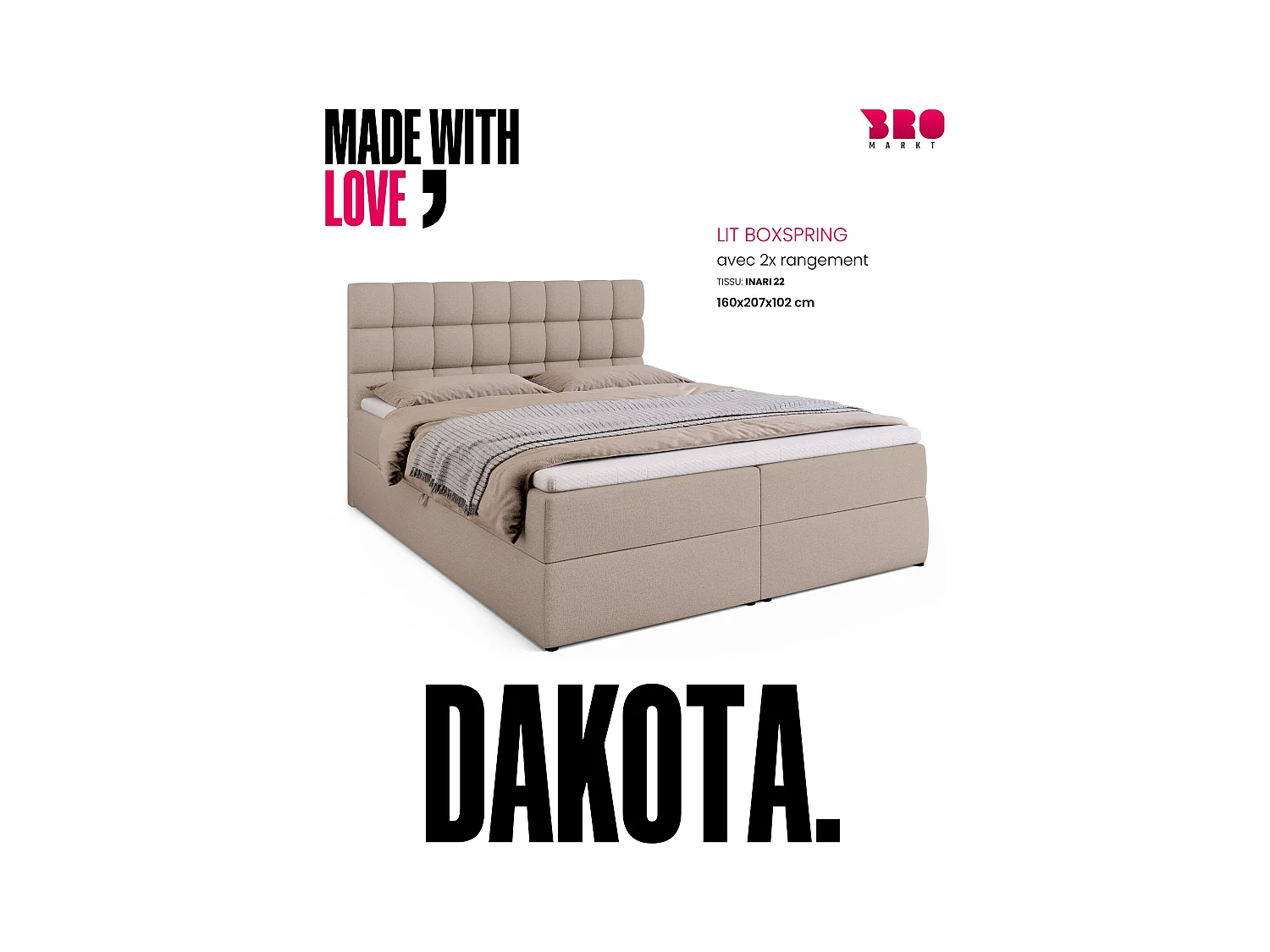 Boxspringbed met hoofdeinde, matras en dekmatras - DAKOTA - 160x200 - beige