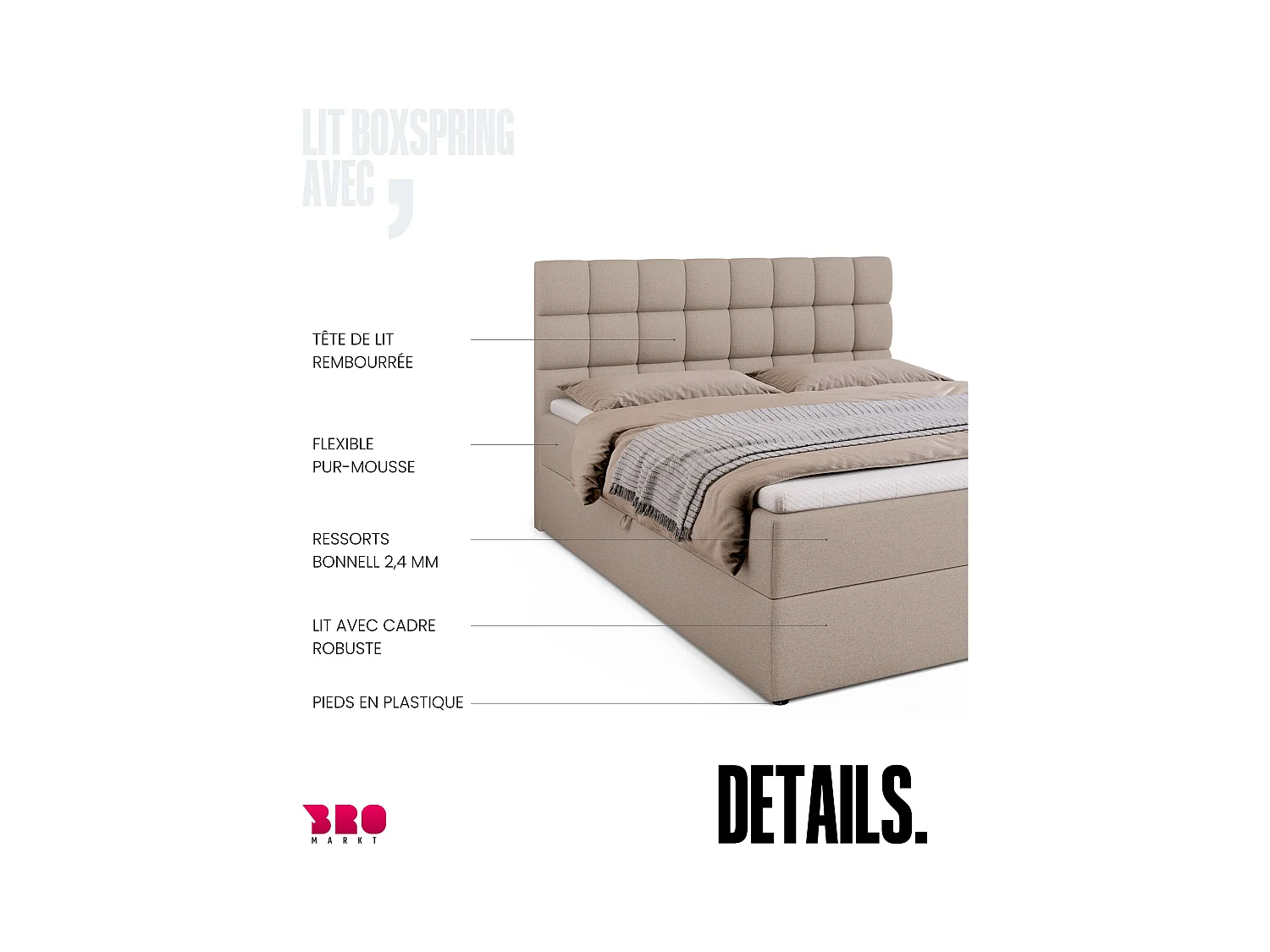 Boxspringbed met hoofdeinde, matras en dekmatras - DAKOTA - 160x200 - beige
