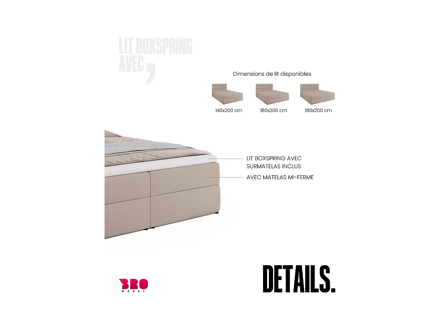 Boxspringbed met hoofdeinde, matras en dekmatras - DAKOTA - 160x200 - beige