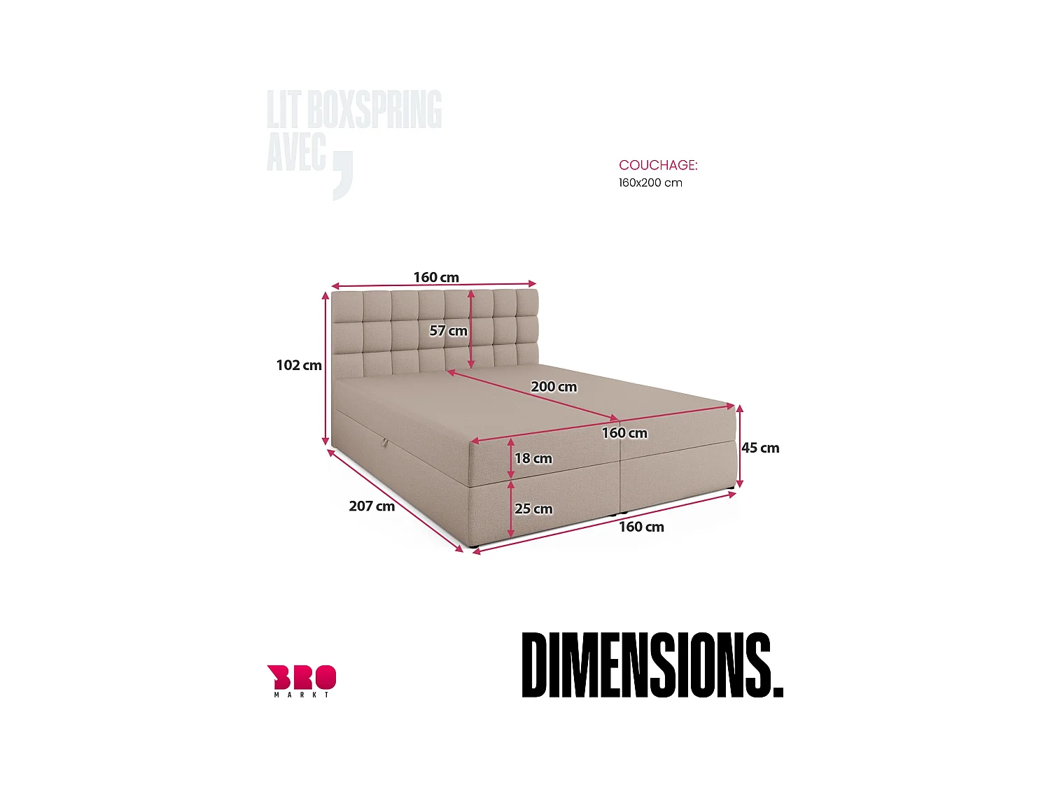 Boxspringbed met hoofdeinde, matras en dekmatras - DAKOTA - 160x200 - beige