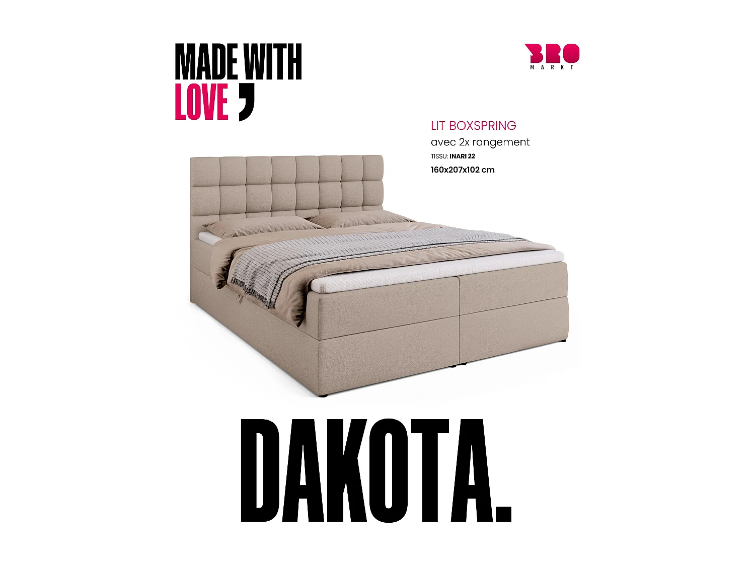Lit boxspring avec rangement DAKOTA - matelas - surmatelas - beige - 160x200 cm