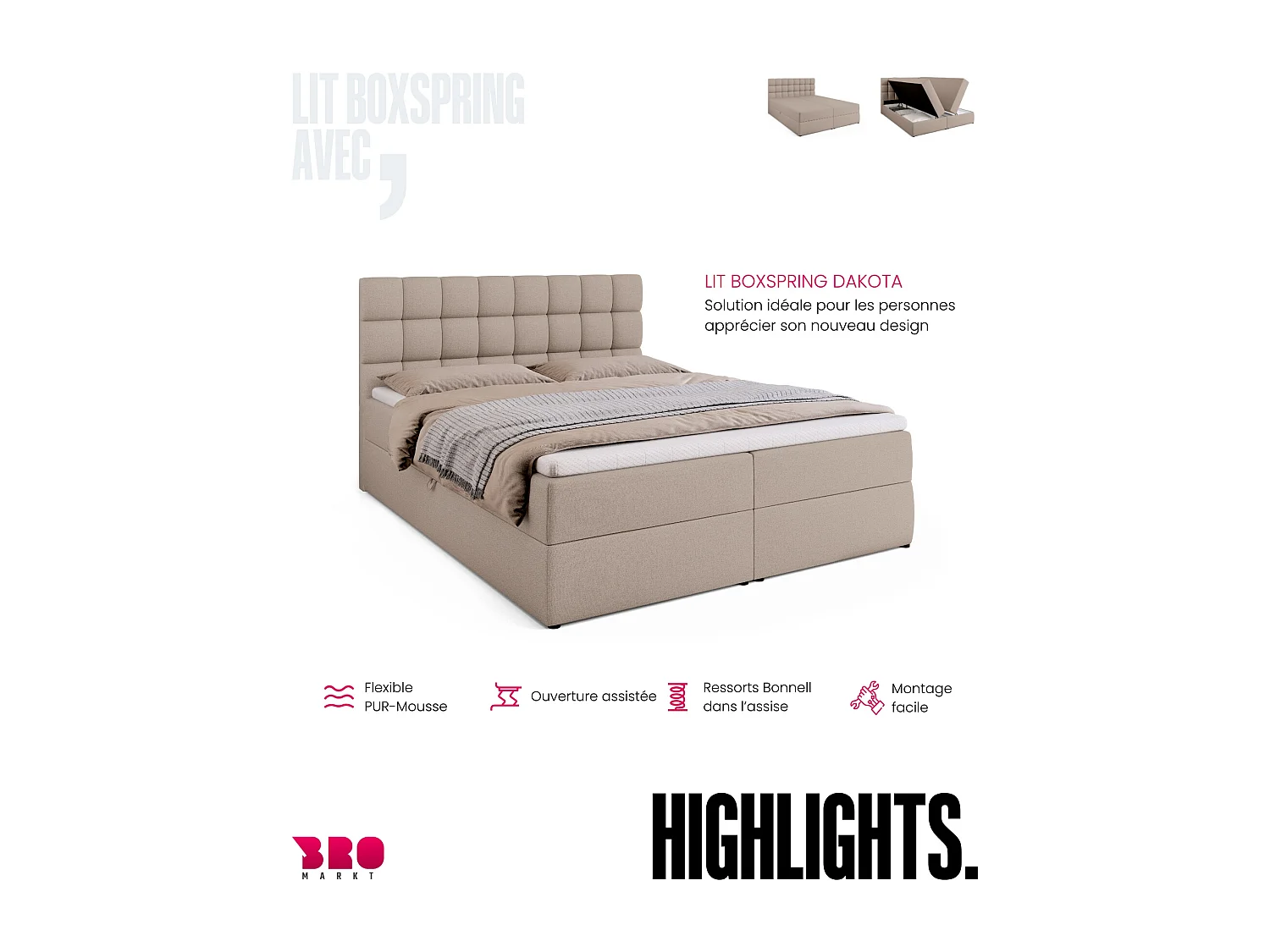 Lit boxspring avec rangement DAKOTA - matelas - surmatelas - beige - 160x200 cm