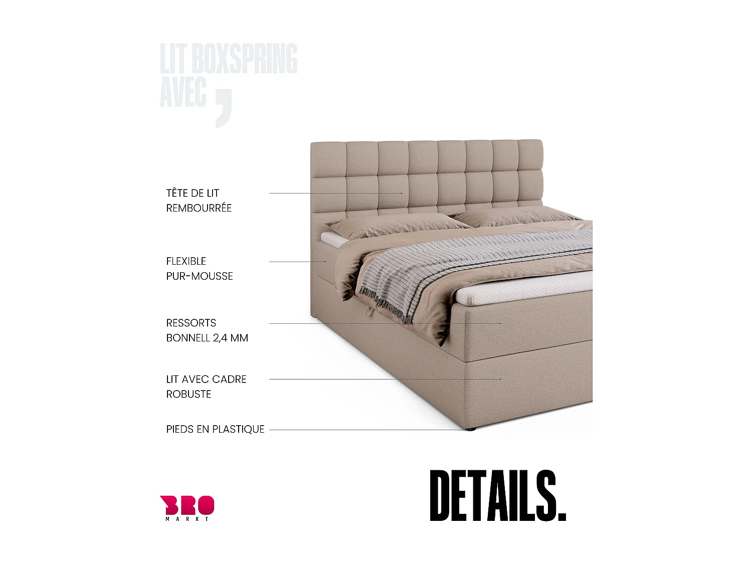 Lit boxspring avec rangement DAKOTA - matelas - surmatelas - beige - 160x200 cm