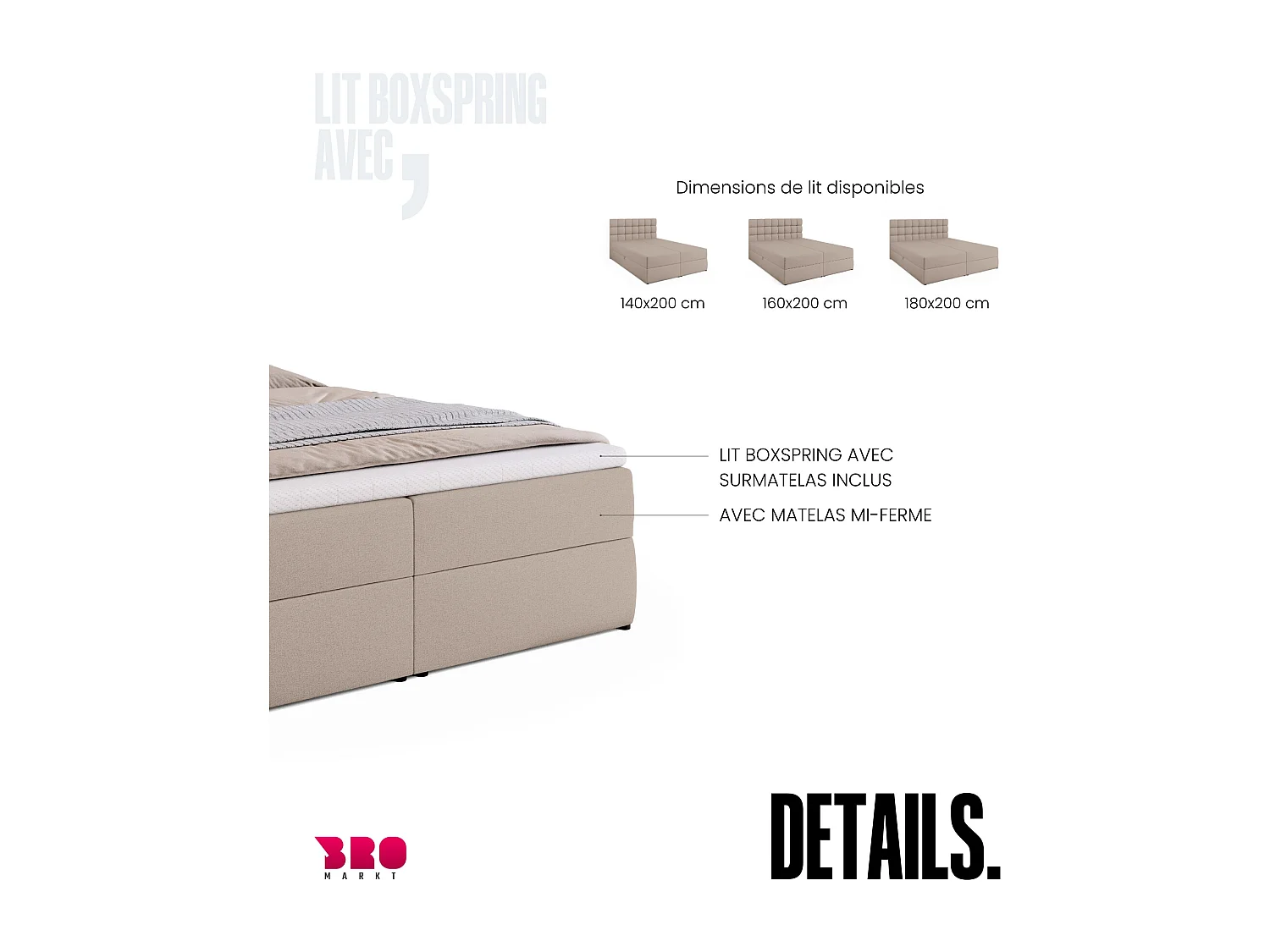 Lit boxspring avec rangement DAKOTA - matelas - surmatelas - beige - 160x200 cm