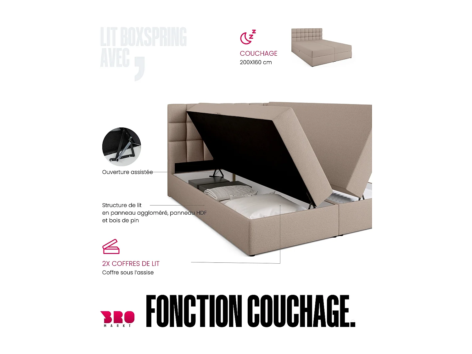 Lit boxspring avec rangement DAKOTA - matelas - surmatelas - beige - 160x200 cm