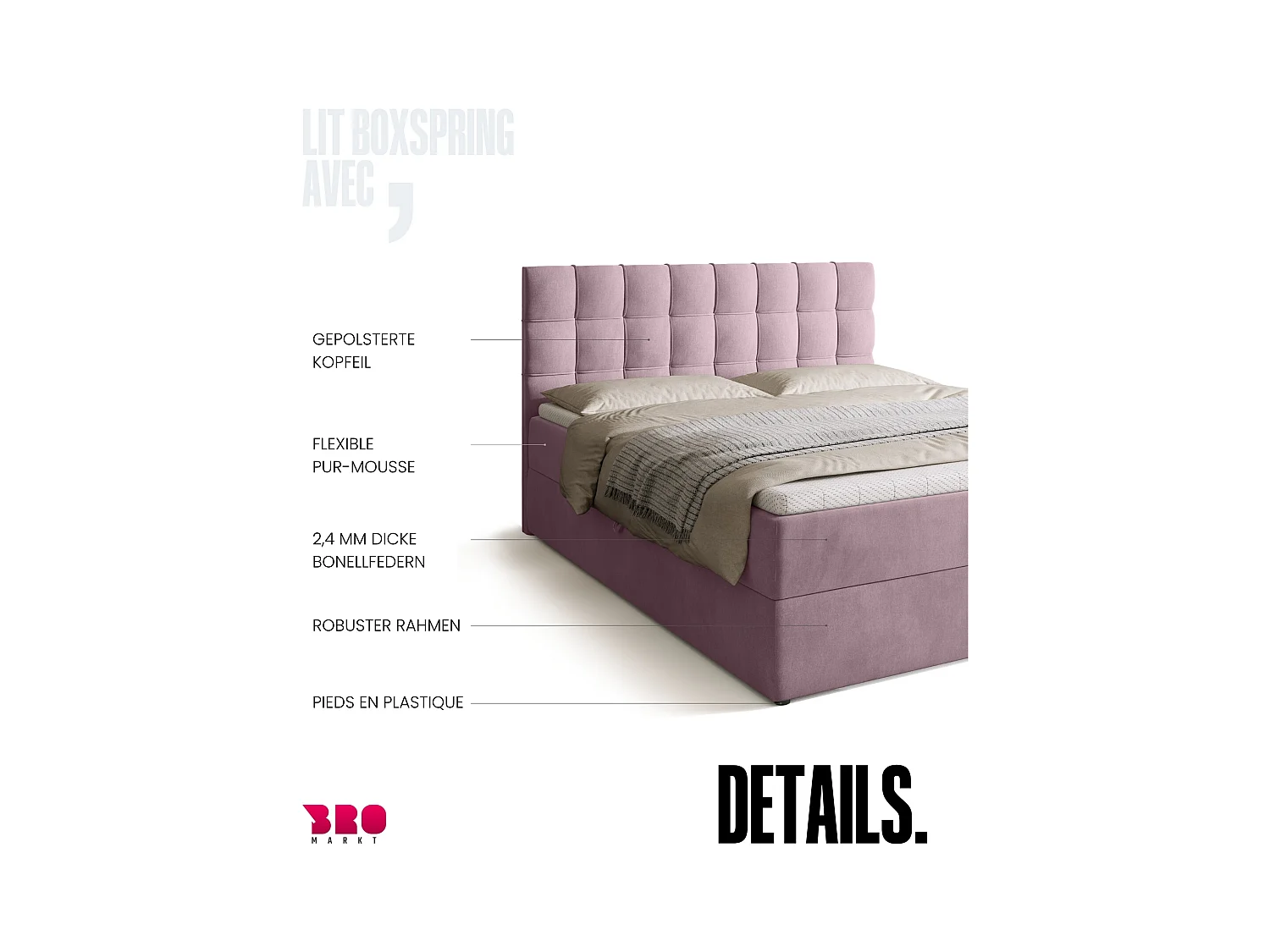 Boxspringbed met hoofdeinde, matras en dekmatras - DETROIT - 160x200 - poederroze