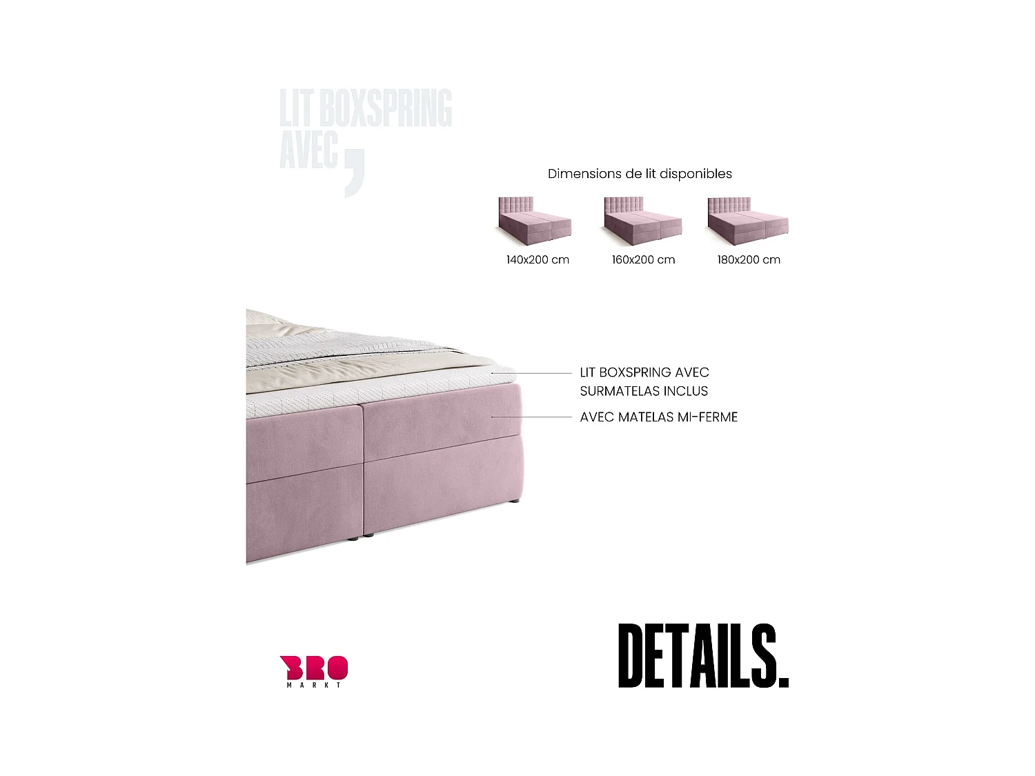 Boxspringbed met hoofdeinde, matras en dekmatras - DETROIT - 160x200 - poederroze