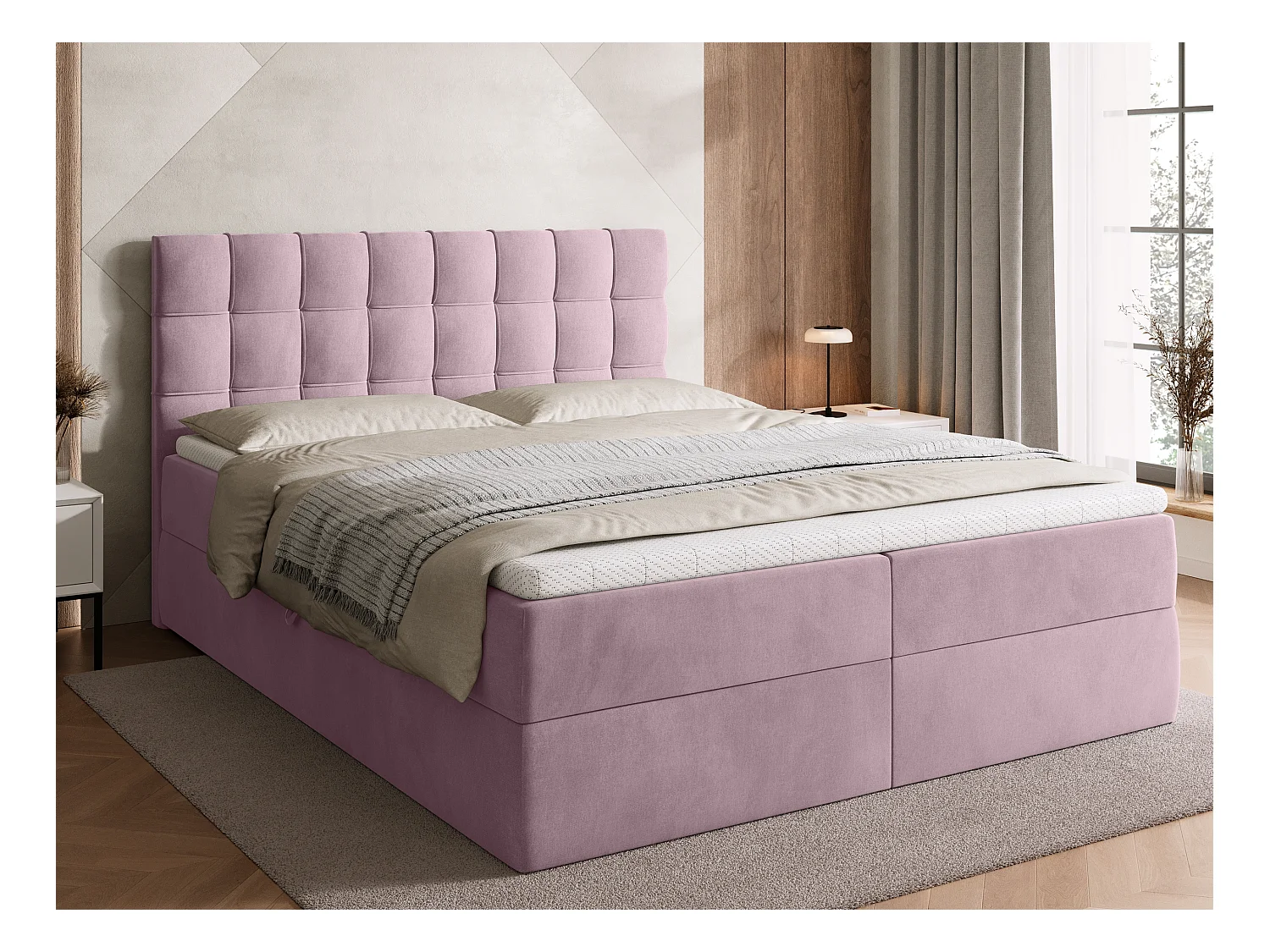Lit boxspring avec rangement DETROIT - matelas - surmatelas - rose - 160x200 cm