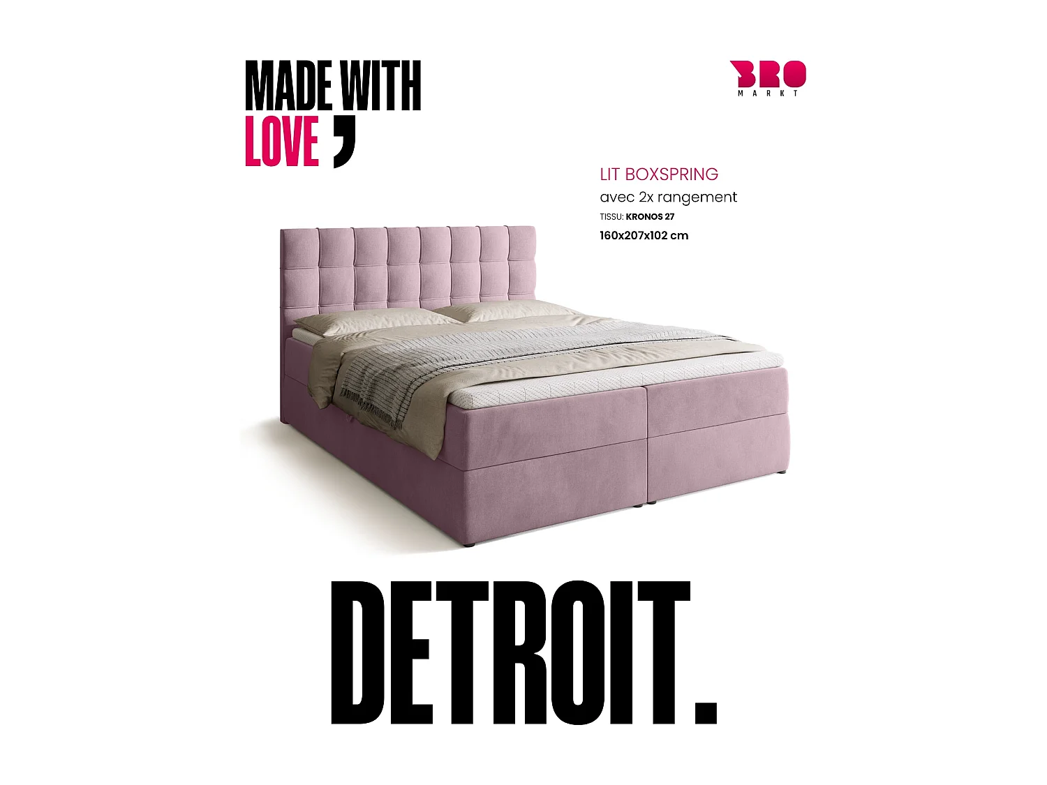 Lit boxspring avec rangement DETROIT - matelas - surmatelas - rose - 160x200 cm