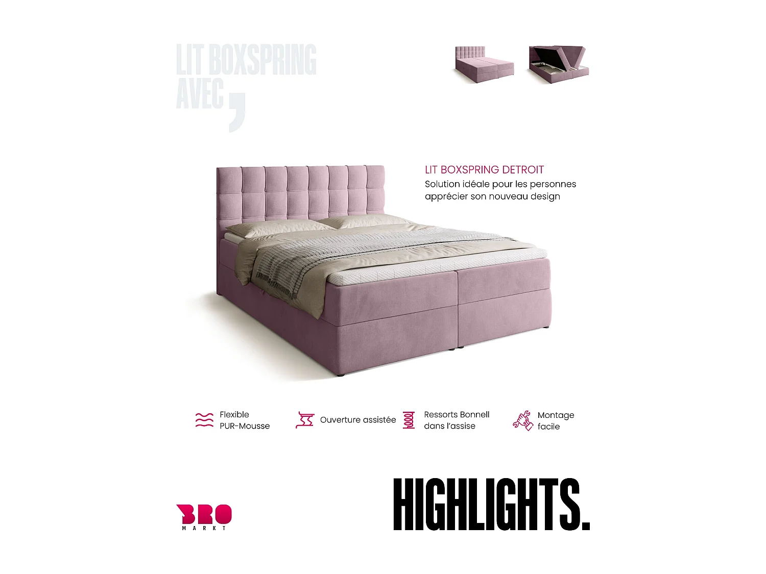 Lit boxspring avec rangement DETROIT - matelas - surmatelas - rose - 160x200 cm