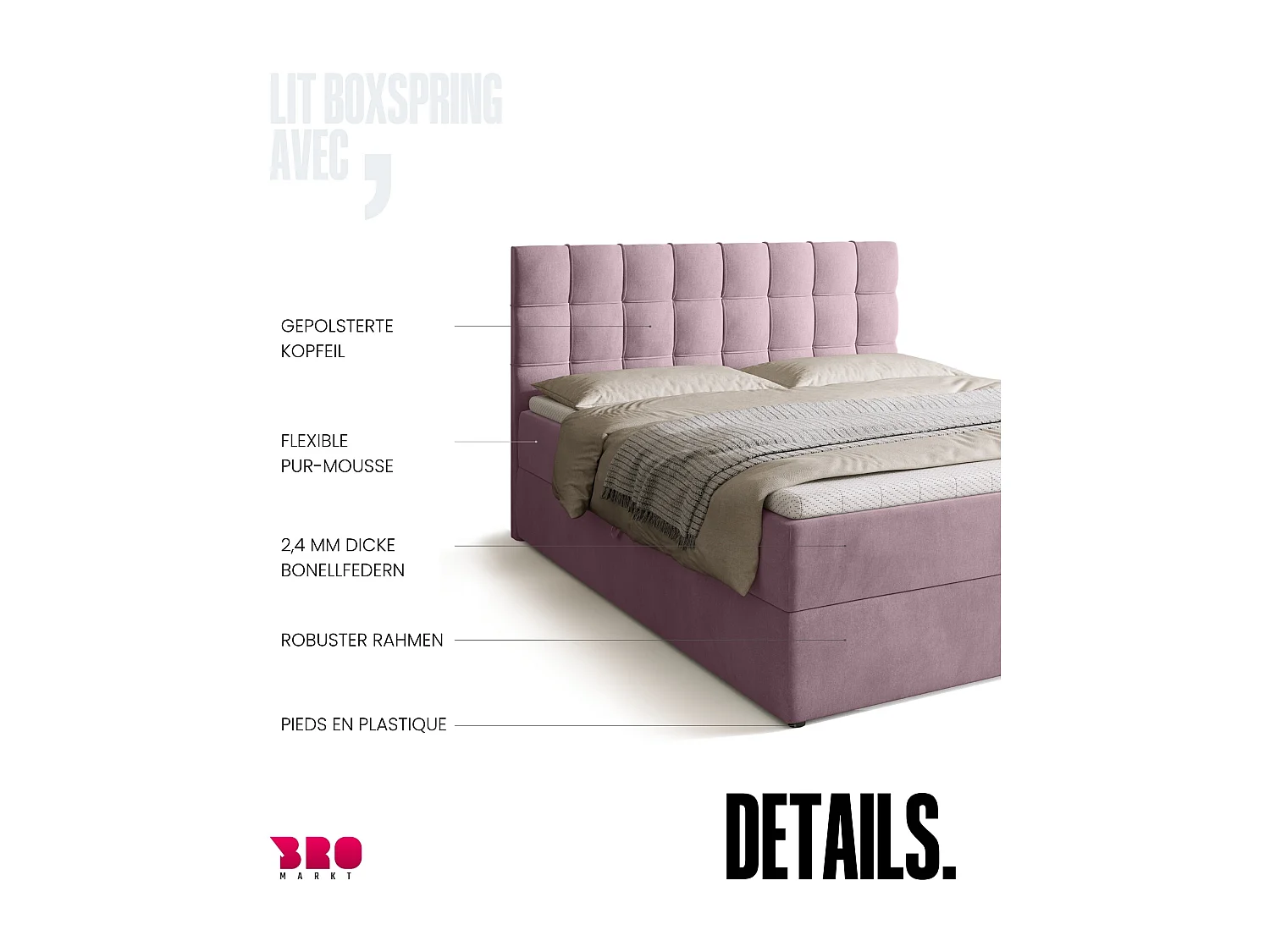 Lit boxspring avec rangement DETROIT - matelas - surmatelas - rose - 160x200 cm