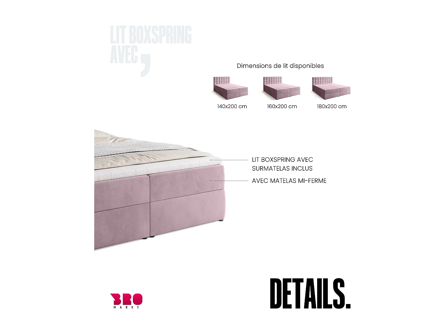 Lit boxspring avec rangement DETROIT - matelas - surmatelas - rose - 160x200 cm