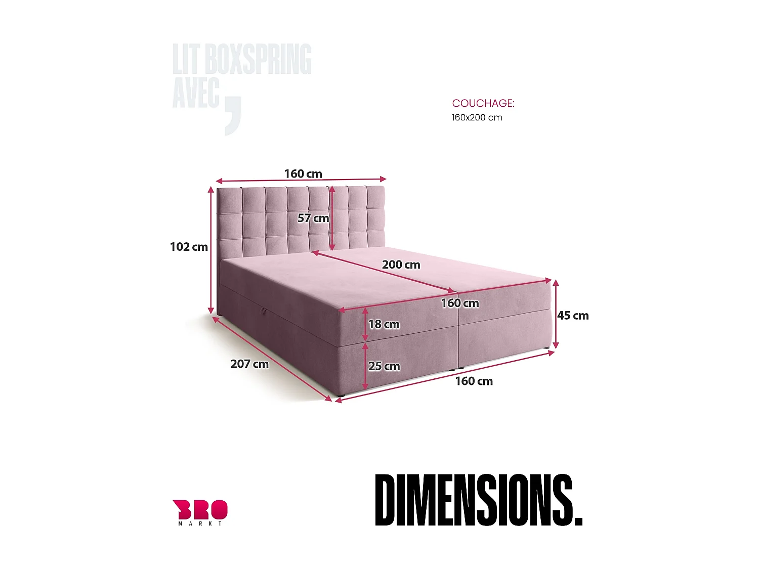 Lit boxspring avec rangement DETROIT - matelas - surmatelas - rose - 160x200 cm