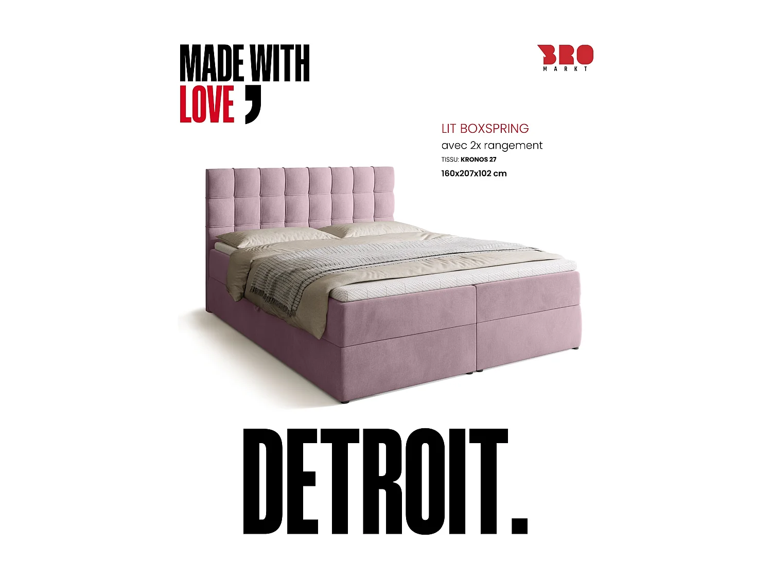 Lit boxspring avec rangement DETROIT - matelas - surmatelas - rose - 160x200 cm