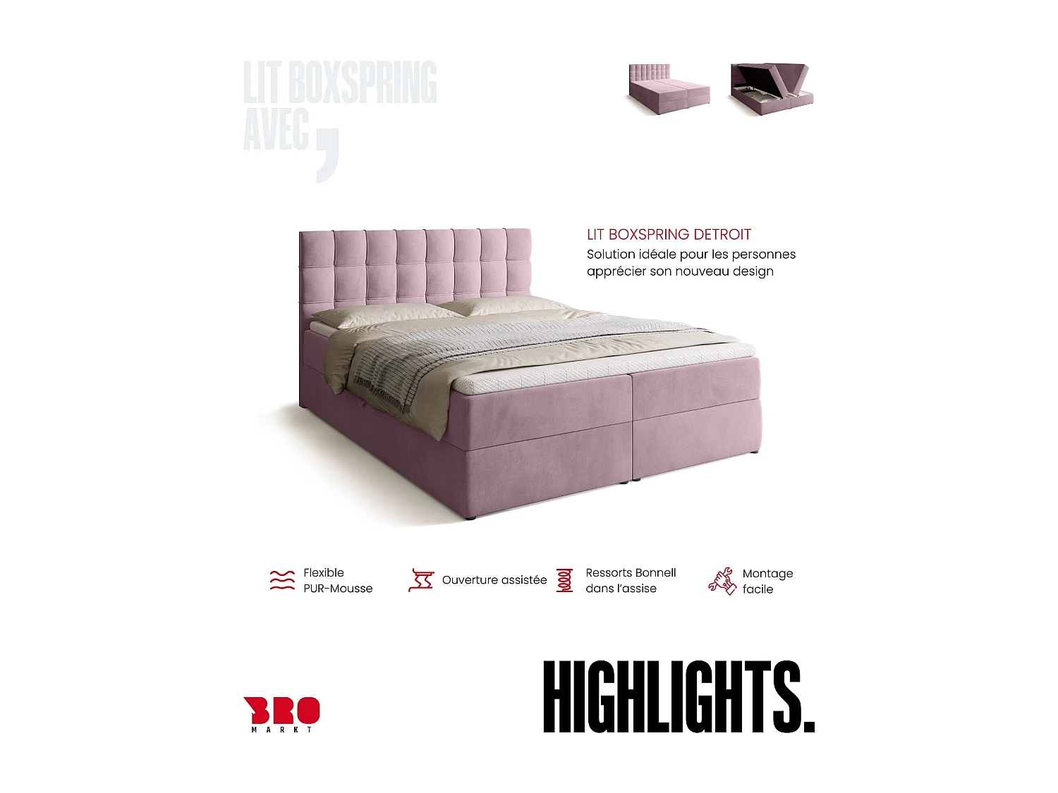 Lit boxspring avec rangement DETROIT - matelas - surmatelas - rose - 160x200 cm