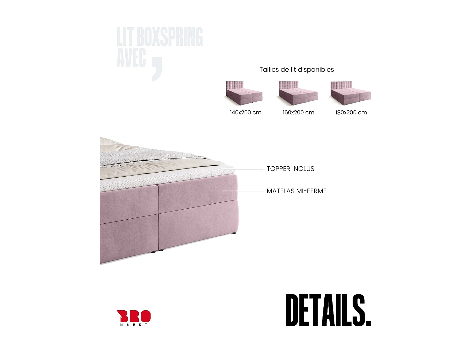 Lit boxspring avec rangement DETROIT - matelas - surmatelas - rose - 160x200 cm