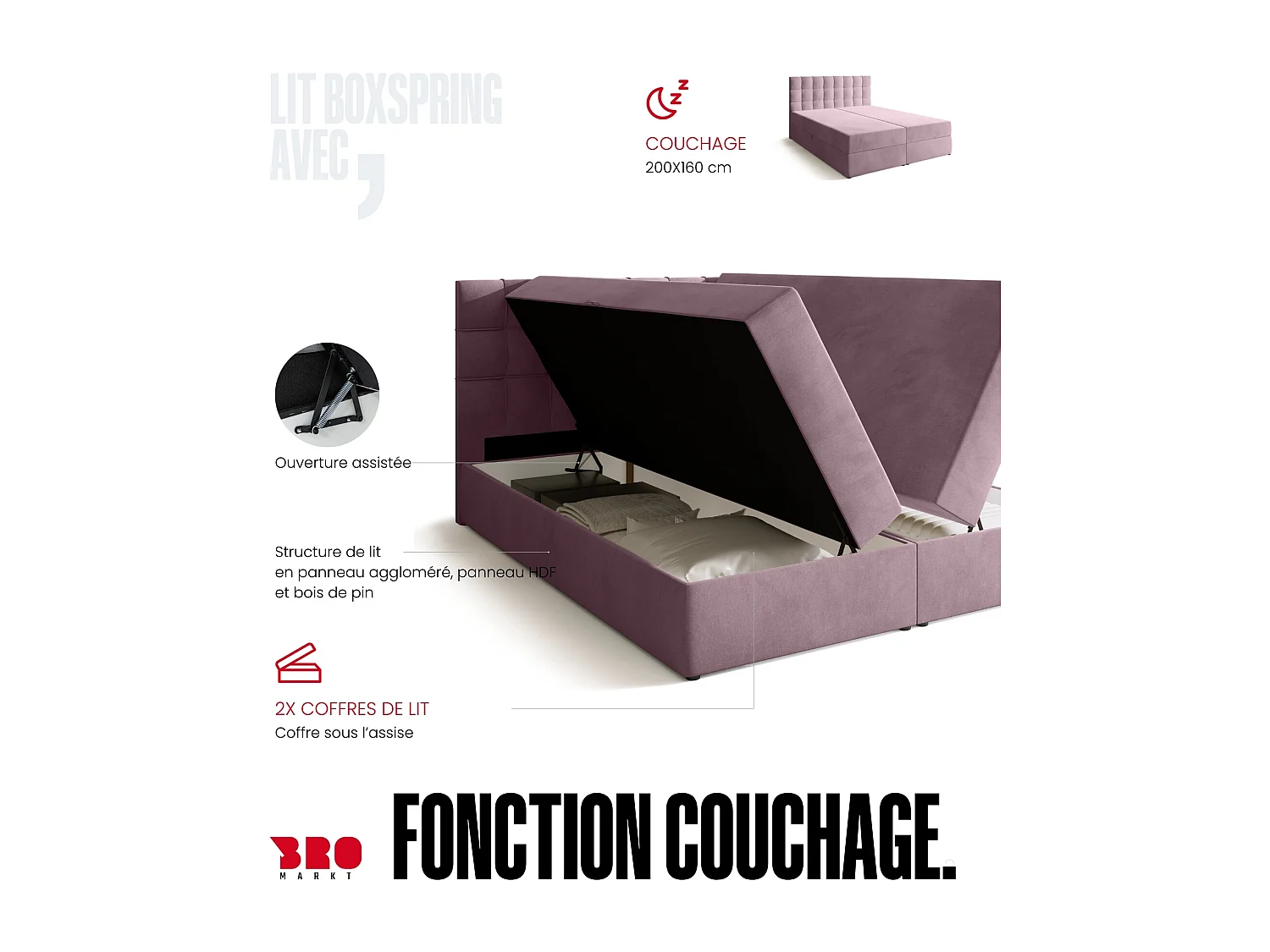 Lit boxspring avec rangement DETROIT - matelas - surmatelas - rose - 160x200 cm