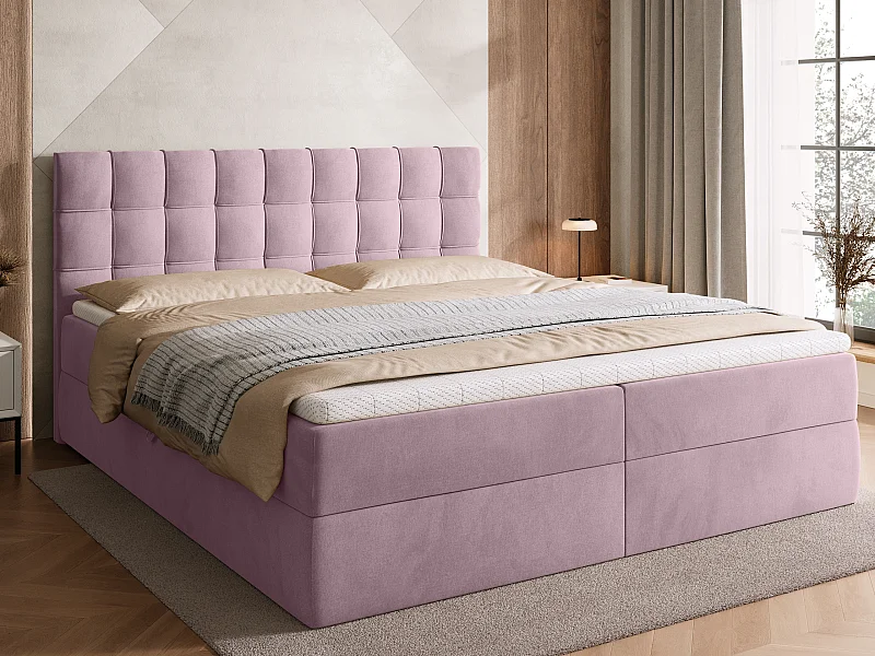 Lit boxspring avec rangement DETROIT - matelas - surmatelas - rose - 180x200 cm
