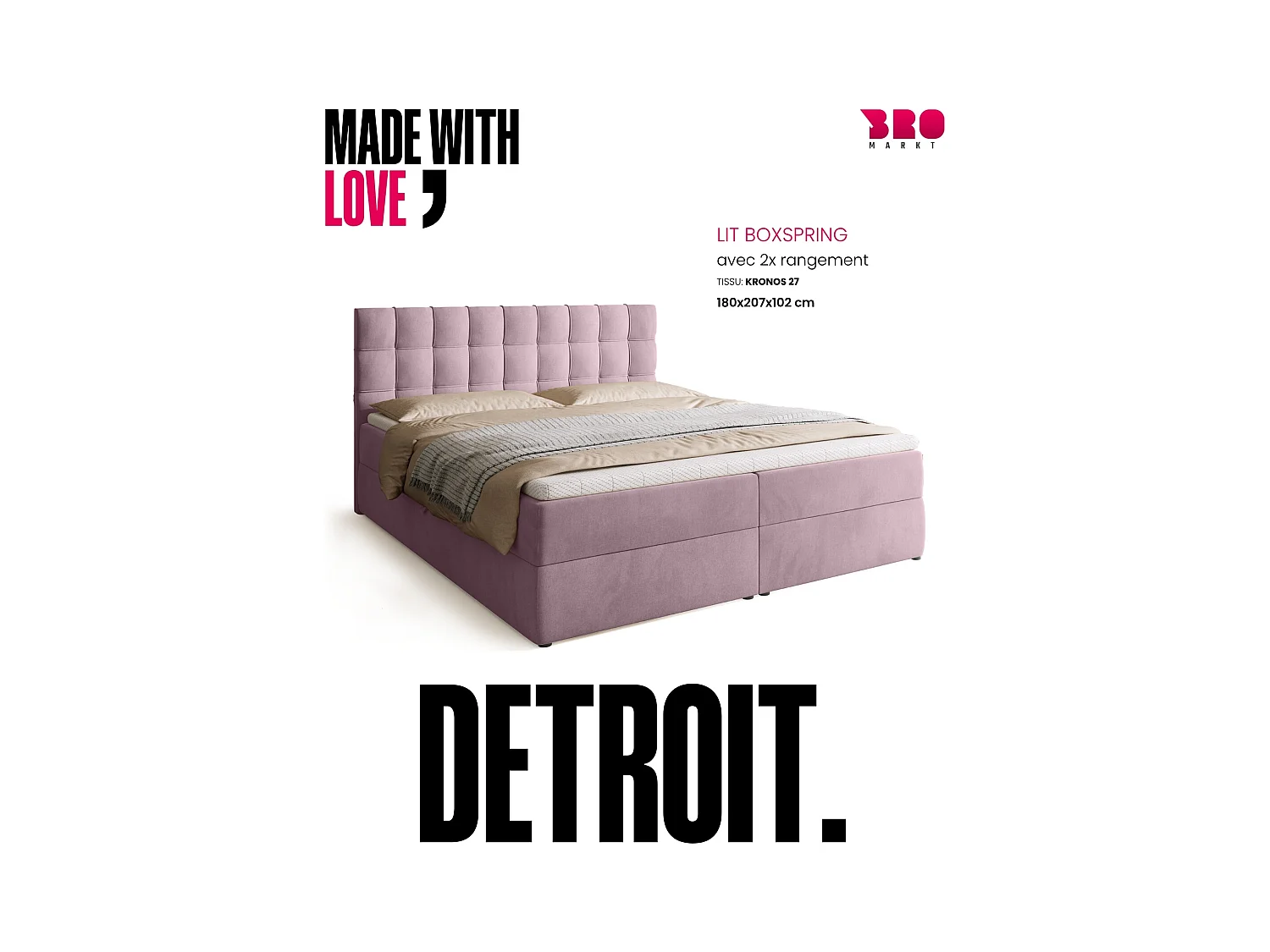 Boxspringbed met hoofdeinde, matras en dekmatras - DETROIT - 180x200 - poederroze