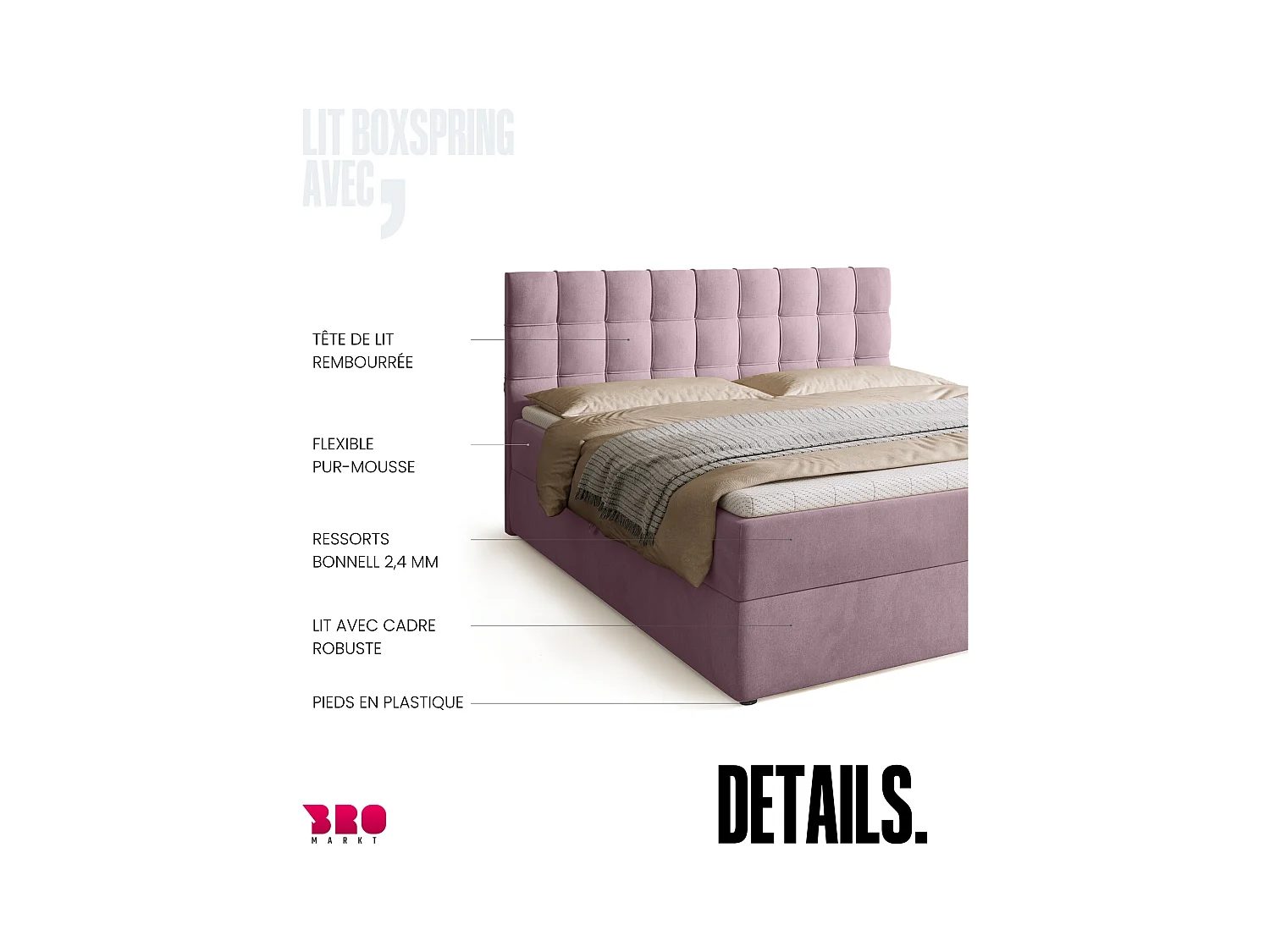 Boxspringbed met hoofdeinde, matras en dekmatras - DETROIT - 180x200 - poederroze