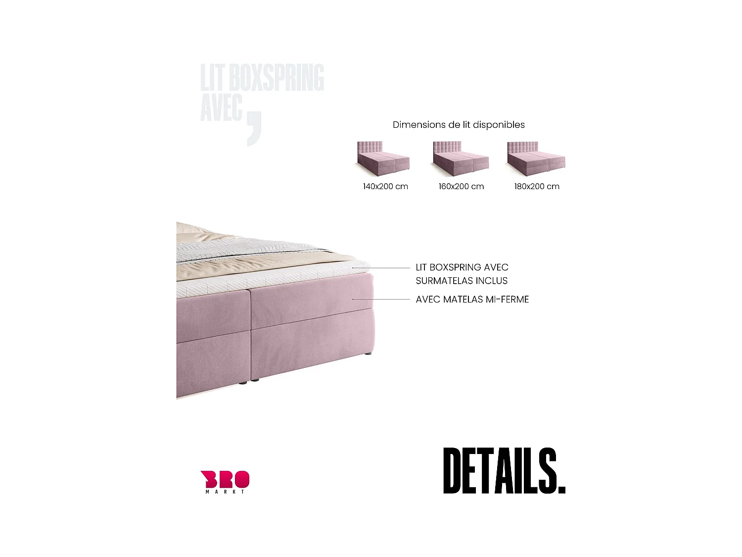 Boxspringbed met hoofdeinde, matras en dekmatras - DETROIT - 180x200 - poederroze