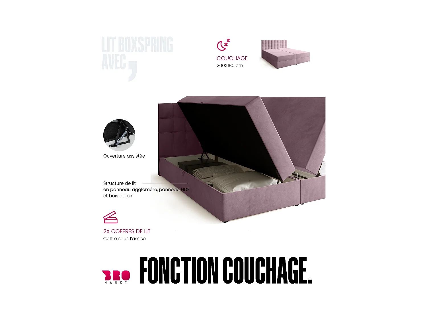 Boxspringbed met hoofdeinde, matras en dekmatras - DETROIT - 180x200 - poederroze