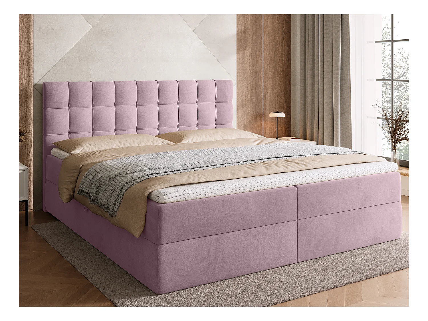Lit boxspring avec rangement DETROIT - matelas - surmatelas - rose - 180x200 cm