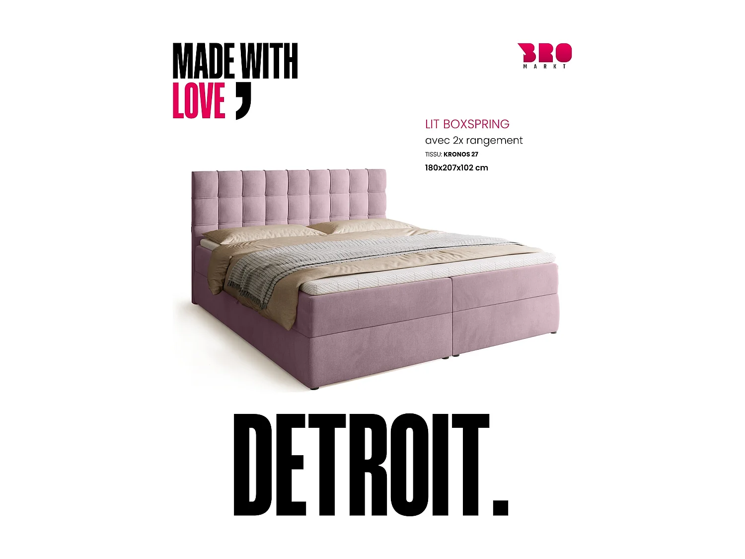 Lit boxspring avec rangement DETROIT - matelas - surmatelas - rose - 180x200 cm