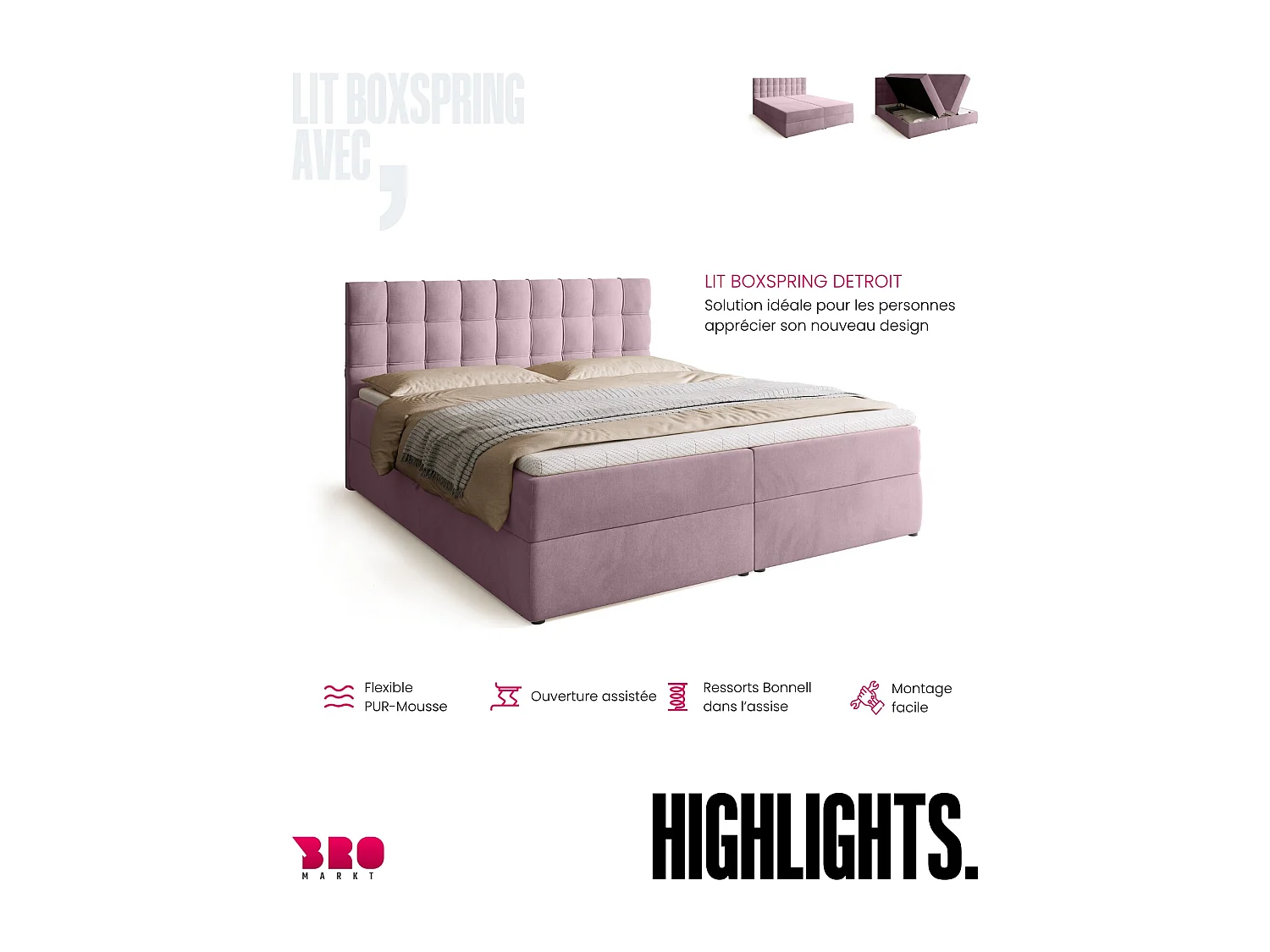 Lit boxspring avec rangement DETROIT - matelas - surmatelas - rose - 180x200 cm