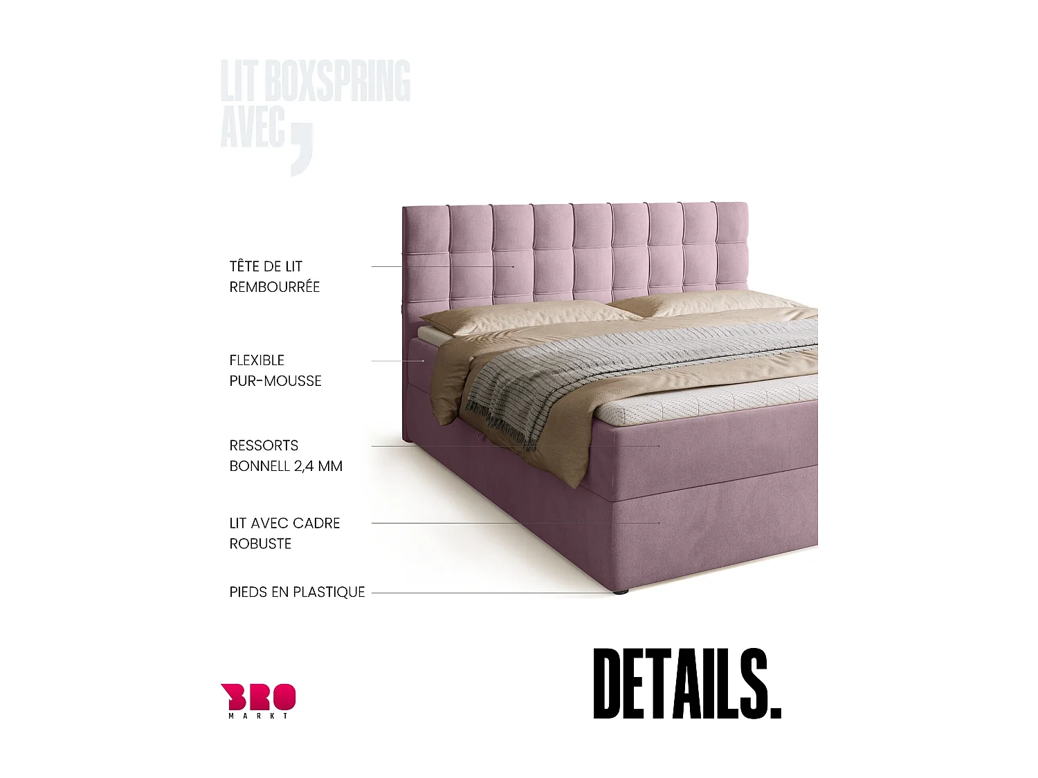 Lit boxspring avec rangement DETROIT - matelas - surmatelas - rose - 180x200 cm