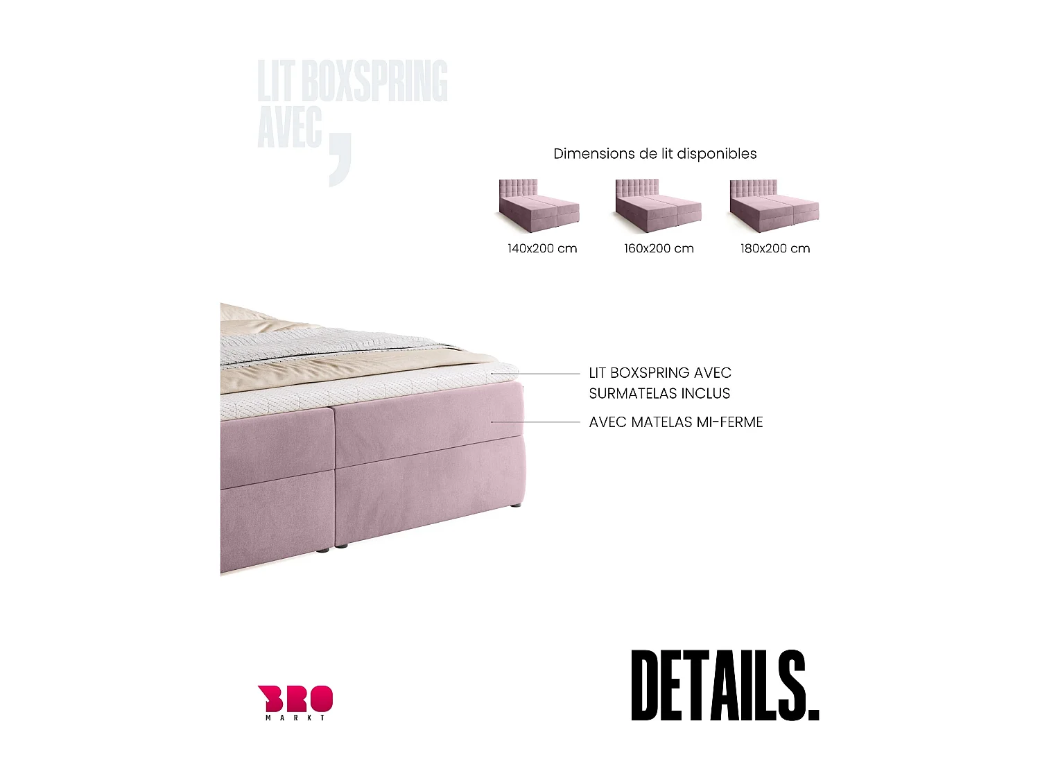 Lit boxspring avec rangement DETROIT - matelas - surmatelas - rose - 180x200 cm