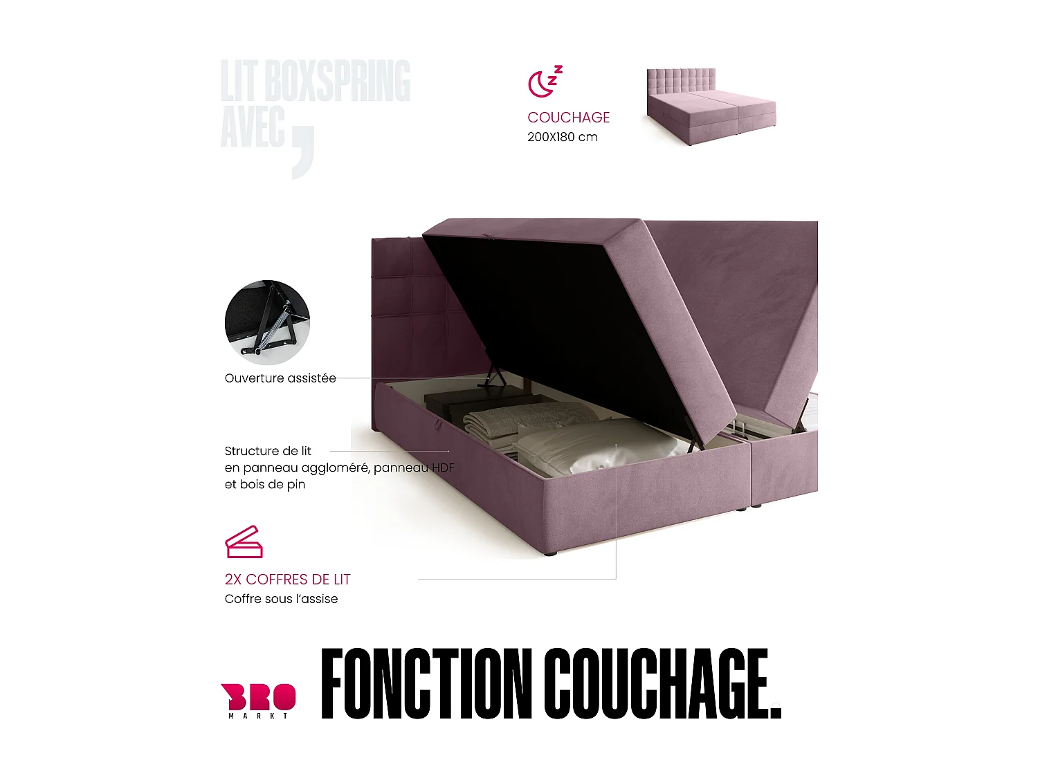 Lit boxspring avec rangement DETROIT - matelas - surmatelas - rose - 180x200 cm