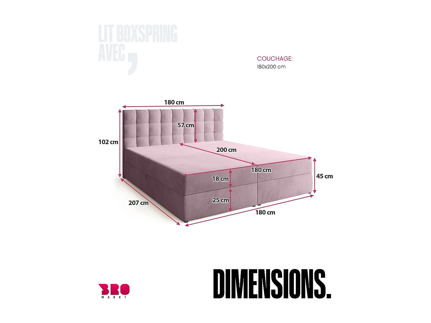 Lit boxspring avec rangement DETROIT - matelas - surmatelas - rose - 180x200 cm