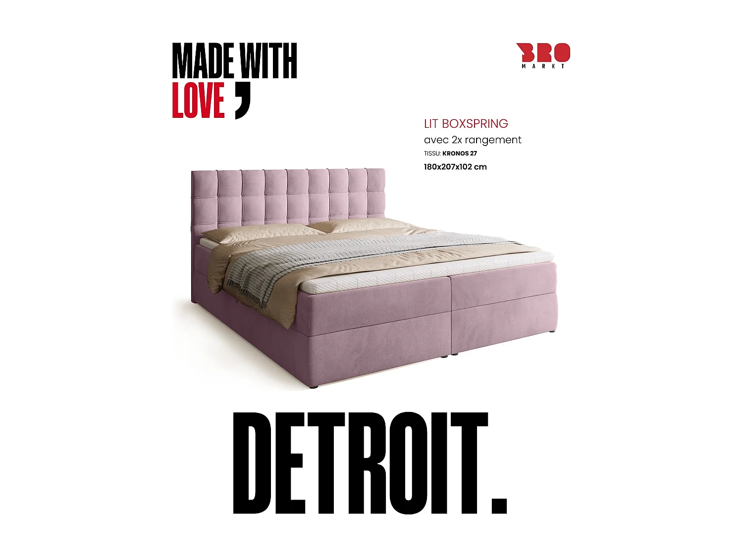 Lit boxspring avec rangement DETROIT - matelas - surmatelas - rose - 180x200 cm