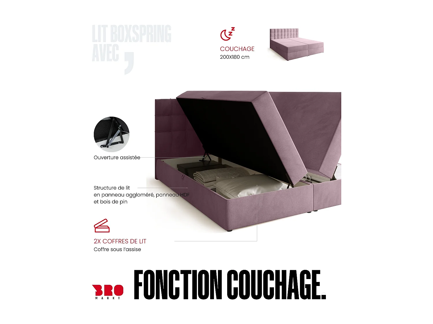 Lit boxspring avec rangement DETROIT - matelas - surmatelas - rose - 180x200 cm