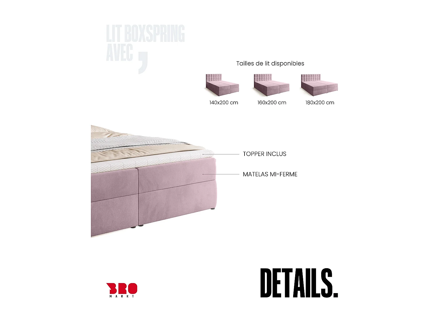 Lit boxspring avec rangement DETROIT - matelas - surmatelas - rose - 180x200 cm