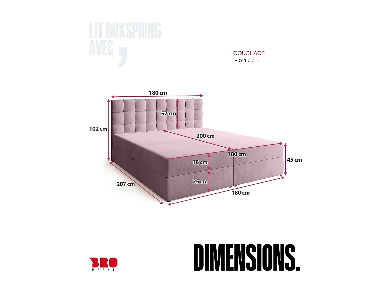 Lit boxspring avec rangement DETROIT - matelas - surmatelas - rose - 180x200 cm