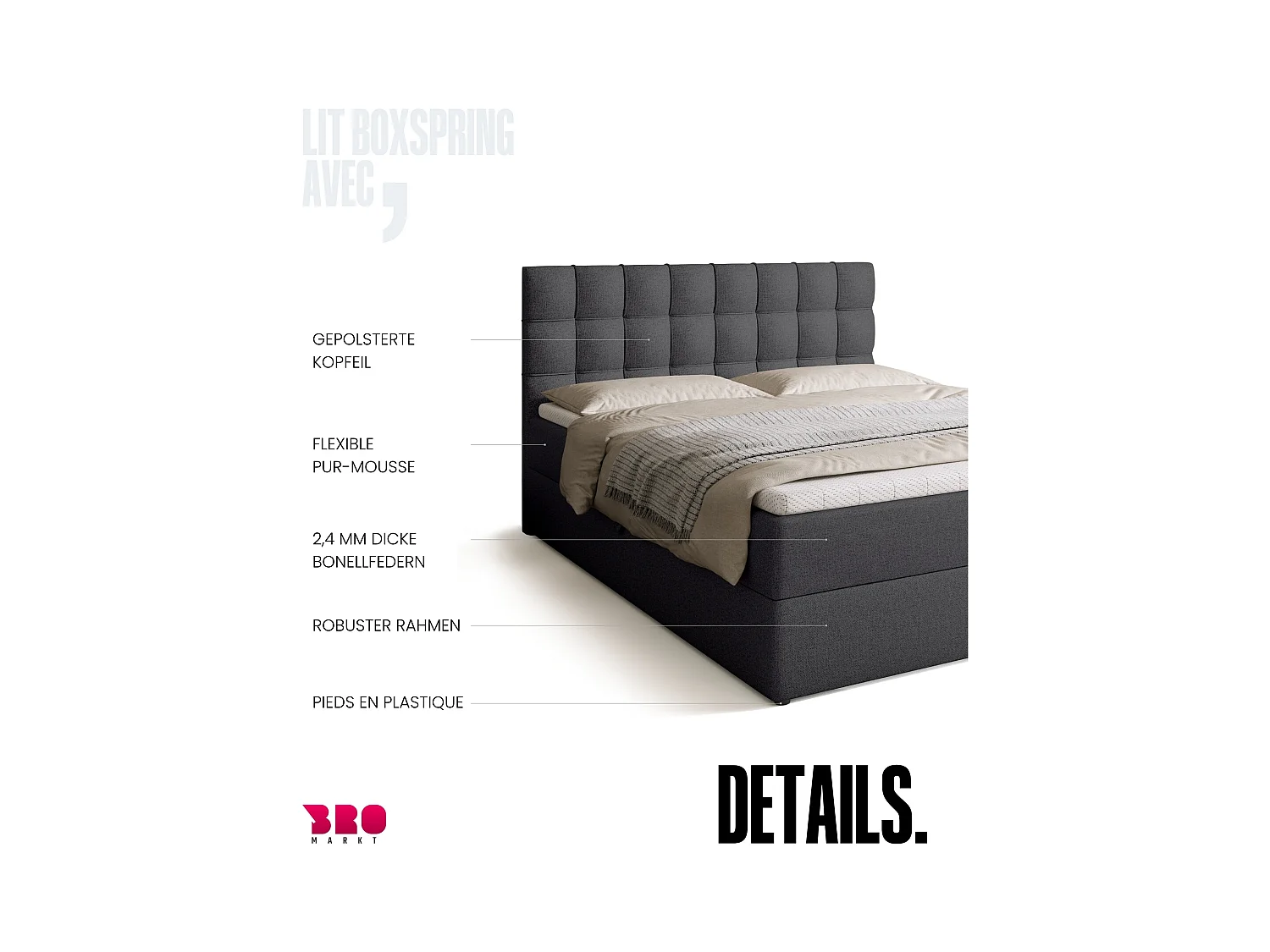 Boxspringbed met hoofdeinde, matras en dekmatras - DETROIT - 160x200 - donkergrijs