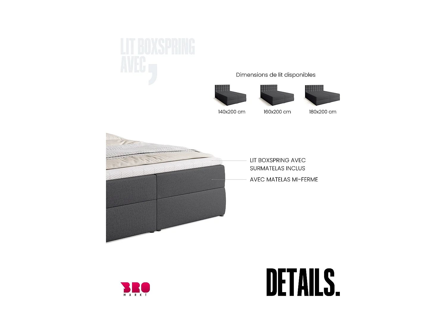Boxspringbed met hoofdeinde, matras en dekmatras - DETROIT - 160x200 - donkergrijs