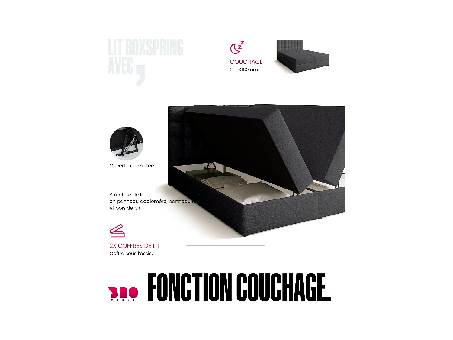 Boxspringbed met hoofdeinde, matras en dekmatras - DETROIT - 160x200 - donkergrijs