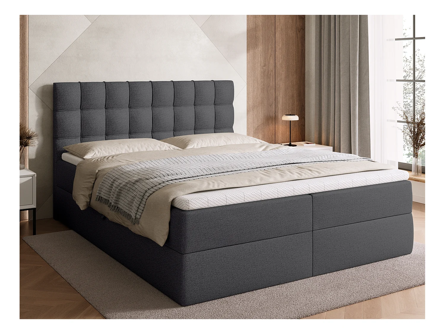 Lit boxspring avec rangement DETROIT - matelas - surmatelas - gris foncé - 160x200 cm